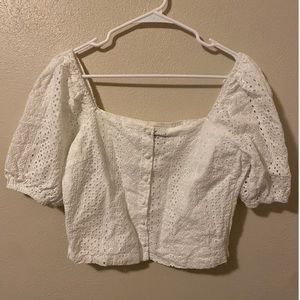Lucy Paris White Cotton Hollow Out Embroidery Puff Sleeve Button Crop Top Blouse